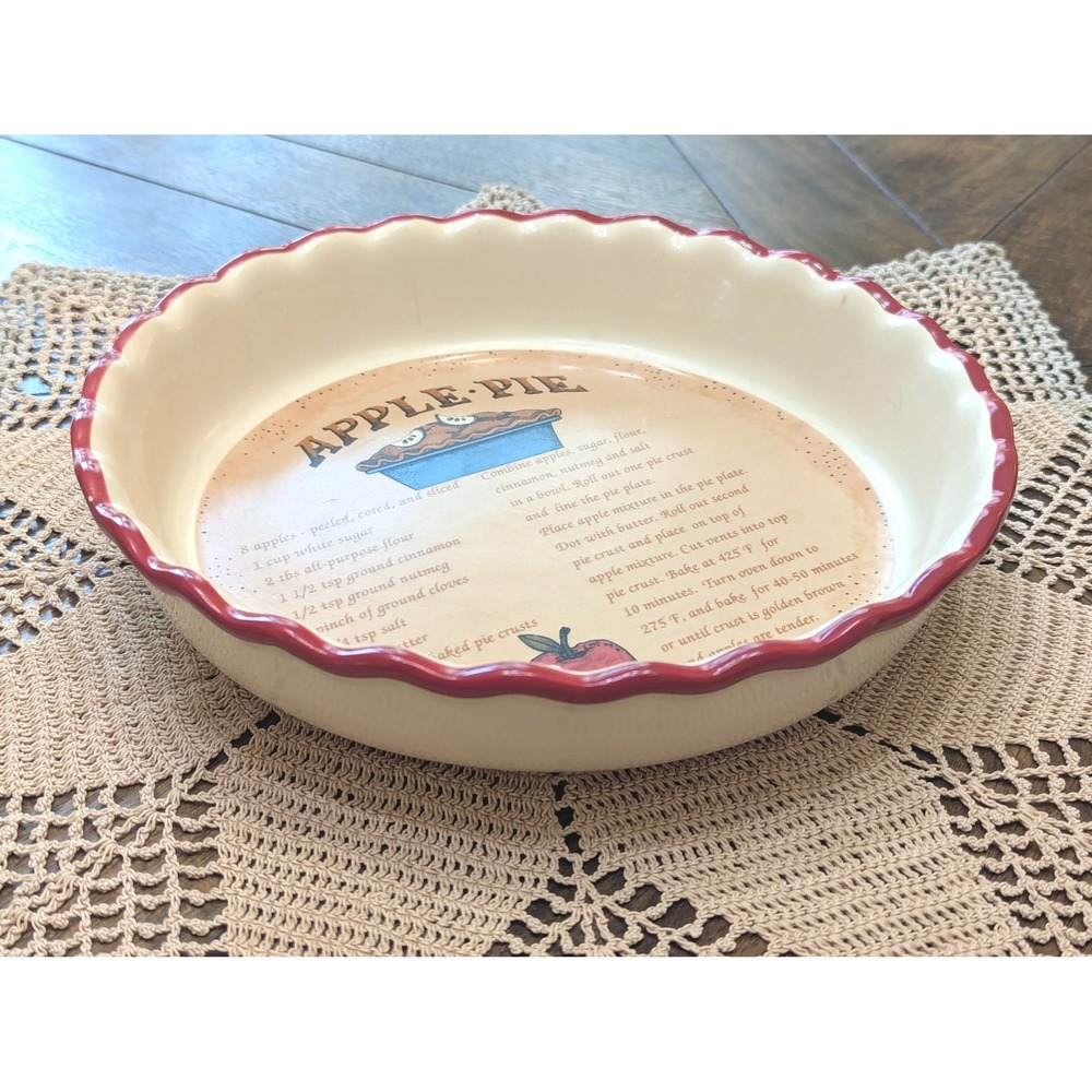 Vintage 2005 Apple Pie Recipe Scalloped Red Rim Pie Dish 10.5in